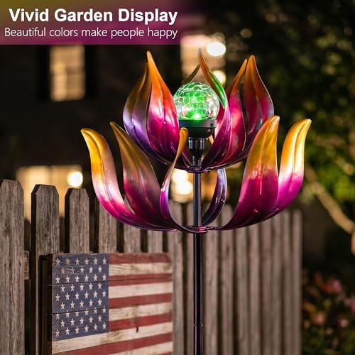 Solar Wind Spinners Outdoor for Yard and Garden, 61'' Lotus Kinetic Wind Sculptures with Color Changing LED Crackle Glass Globe, Metal Yard Art Decor for Patio Lawn, Garden Gifts for Women/Mother - Image 5