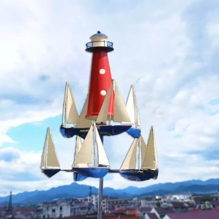 Kinetic Art Wind Sculpture - Summer Lighthouse Sailboat Windmills, Nautical Art Garden Windmills, Large Metal Sailboat Wind Spinners Decor for Outdoor Yard and Garden (1pc) - Image 3