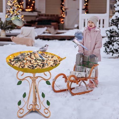 Vintage Metal Bird Bath for Outside, 13" Dia Birdbaths Bowl with Cast Iron Pedestal, Large Antique Bird Feeder with Folding Bracket for Outdoors Garden Patio Yard Decor (Retro Yellow) - Image 5