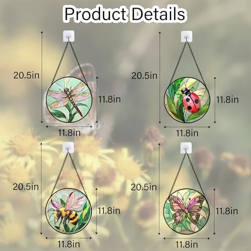 DASTOLL Stained Glass Window Hanging 4 Pcs Set Pink Green Insect Theme Large 11.8" - Butterfly Suncatcher Door Garden Sun Catcher Decor Birthday Christmas for Mom Woman Nana Men - Image 6