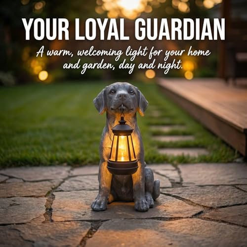 Dog Statue with Solar Lantern - Outdoor Statue Home Decor for Garden Backyard Porch Patio, 10.5 IN Puppy Lamps Figurine Lights Decorations Gift for Birthday, Valentine's Day, Dog Lovers (Cement) - Image 2