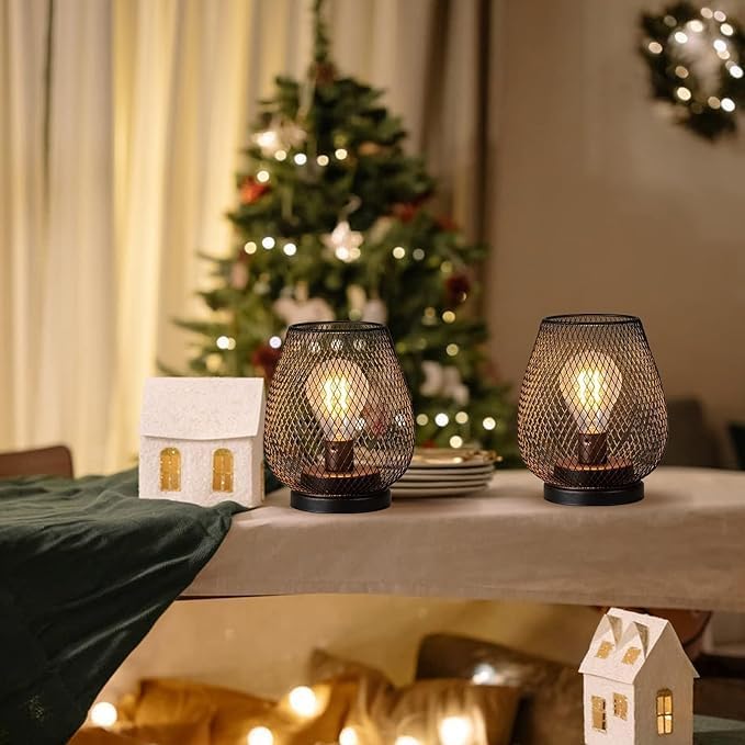 Set of 6 Battery Operated Lamp LED Table Lantern, Brown Metal Cage Cordless Lamps with LED Bulb，Vintage Decorative Outdoor Lantern for Weddings, Parties, Patio, Events for Indoors Shelf Decor - Image 6
