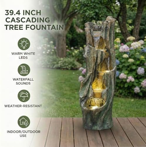39.4''H Waterfall Outdoor Fountain with Energy-Efficient LED Lights, Lightweight Garden Fountains, Outdoor Water Fountain Décor for Patio Lawn Backyard, Easy Assembly, Grey - Image 3