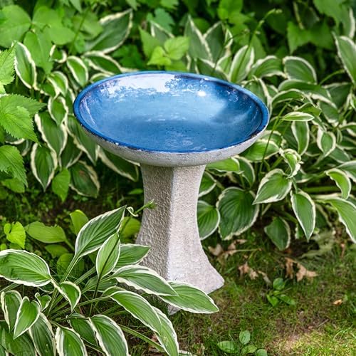 Sunnydaze Ceramic Bird Bath Bowl,16” H, Blue Glaze Basin, White Lava Finish - Image 5