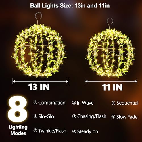 Joomer Solar Ball Lights Outdoor, 2Pack 13 & 11in Total 264 LED, Warm White - Image 2