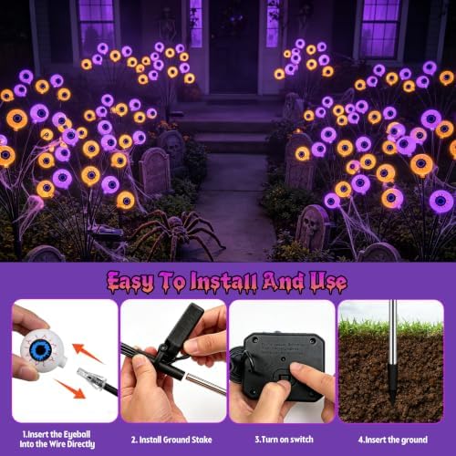 Halloween Decorations Outdoor, 6 Pack 36 LED Purple and Orange Solar Scary Eyeball Swaying Lights, Solar Firefly Light Waterproof Outdoor Lights for Halloween Yard Garden Party - Image 5