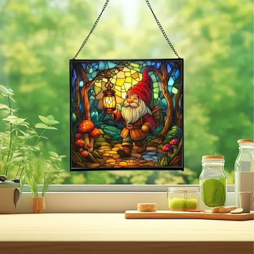 Forest Gnome with Lantern Stained Glass Suncatcher – Square Hanging Window Panel for Home or Greenhouse – Whimsical Glass Art Gift for Garden Lovers, Christmas, Halloween, Father Days ckmTEF - Image 2
