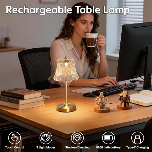 Shenmoyl Cordless Touch Table Lamp with 5200mAh Battery - 3 Adjustable Color Temperatures & Dimmable, Rechargeable Desk Lamp for Bedroom, Living Room, Office, Entryway, Bookshelves (Transparent Rose) - Image 3