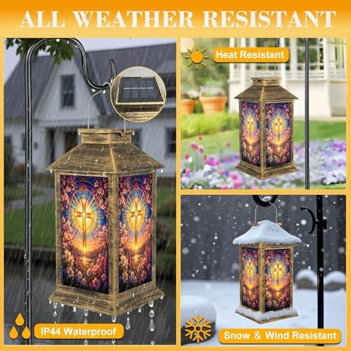 Solar Lantern Outdoor Waterproof Stained Glass Cross Radiant Light Spring Flowers Garden Decor LED Hanging Solar Lights Tabletop Lamp Gifts for Women Mom Outside Yard Patio Porch - Image 3