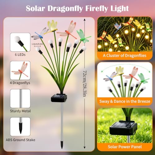 VOOKRY Dragonfly Solar Garden Lights Outdoor (6 Pack, 36 LEDs), Dragonfly Outdoor Decor with Solar Firefly Lights Waterproof Swaying Light for Yard Patio Pathway Gardening Gift for Women, Warm White - Image 2