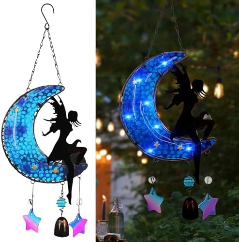 Memorial Wind Chimes Solar Hanging Glass Moon Lights Metal Fairy Angel Outdoor Wind Chimes for Mom Loved One Gifts by SUBOLO