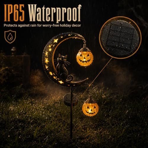 2 Pack Solar Halloween Pumpkin Moon Black Cat Garden Stake Lights Outdoor - Image 3