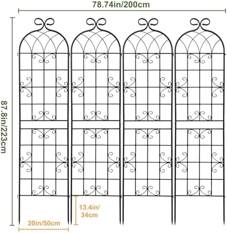 2.2M（86.7" H x 19.7" W） Black Iron Garden Trellis for Climbing Plants, 4PCS Metal Flower Support with Scroll Design & Powder Coating, Outdoor Decor for Roses, Vines, Patio, Yard, Fence - Image 3