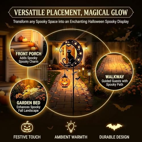 Solar Halloween Black Cat & Pumpkin Moon Garden Stake Light,2-in-1 Waterproof Outdoor LED Yard Decor with Hanging Lantern,Auto Dusk-to-Dawn Lawn Ornament for Pathway,Patio, Walkway (Black-B-2PCS) - Image 2