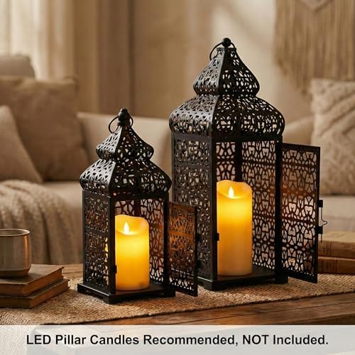 Vela Lanterns Decorative Indoor Moroccan Candle Holders, Black, Set of 2 - Image 3