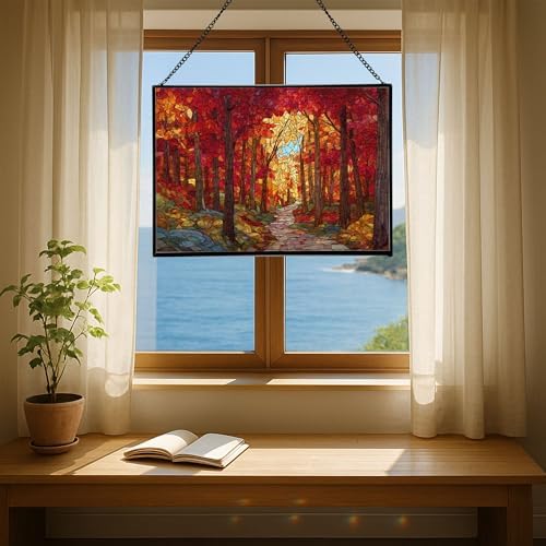 Path Through Glowing Autumn Forest Rectangular Stained Glass Suncatcher – Hanging Window Panel with Animal & Nature Scene – Vibrant Glass Art Gift for Wildlife, Fantasy, Nature Lovers s7FLYi - Image 6