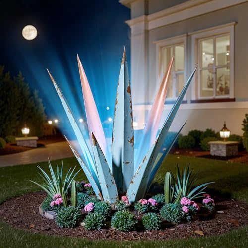KODIBO 24" Metal Agave Plant Outdoor Decor with Solar Light, Vintage Blue by KODIBO