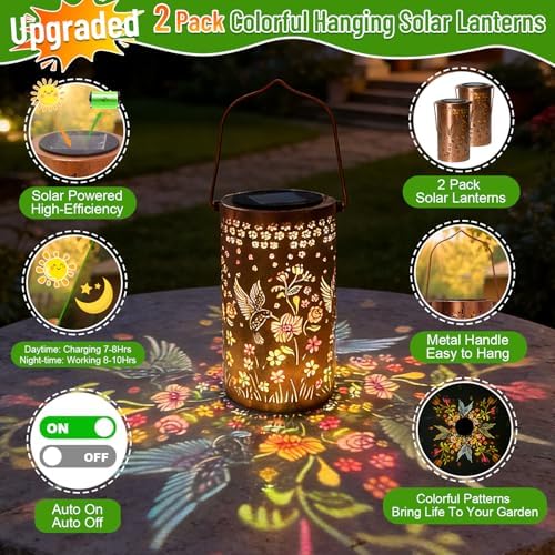 2 Pack Colorful Hummingbird Solar Lanterns Outdoor Waterproof, Decorative Metal Hanging Lantern Hummingbird Solar Lantern for Porch Yard Tabletop Path Garden Decor, Ideal Gifts for Mom Wife Grandma - Image 4