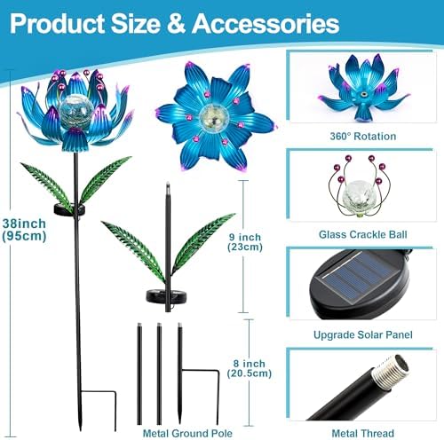 38 Inch Solar Wind Spinner Outdoor, Kinetic Lotus Yard Art with Glass Light - Image 3