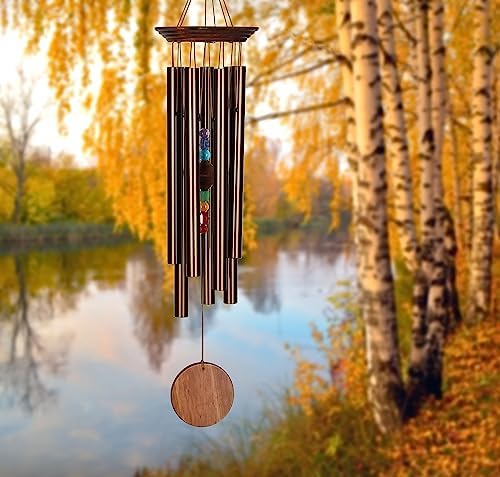 Woodstock Wind Chimes for Outside, Garden, Patio, Porch, Outdoor Decor, Meditation Yoga, Awareness and Relaxation (24") Woodstock Chakra Chime Seven Stones Large Size Bronze Wind Chime Gifts (CC7LBR) - Image 2