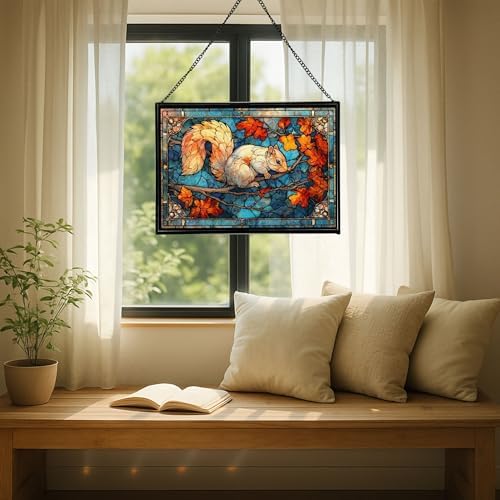 Squirrel Leaping from Tree Branch to Branch Rectangular Stained Glass Suncatcher – Hanging Window Panel with Animal & Nature Scene – Vibrant Glass Art Gift for Wildlife, Fantasy, Nature Lovers v0jcrD - Image 7