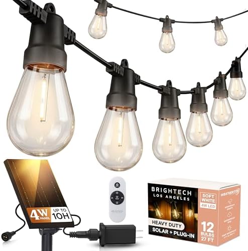 Brightech Ambience Hybrid Outdoor String Lights - Dual Plug and Solar Powered Waterproof LED Light String for Outside - 27 Ft, Dimmable 4W, Soft White Edison Bulbs for Camping, Patio, Cafe, Yard by Brightech