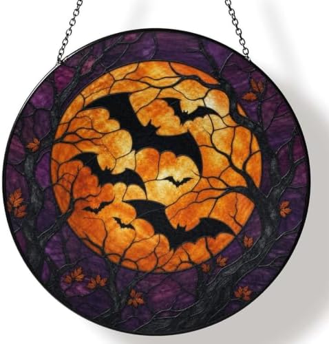 Full Moon Bats Halloween Stained Glass Suncatcher 11.8" Colorful Window Hanging Ornament, Sun Catcher Decor for Bathroom Front Door Living Room Home Wall Garden by FeHuew