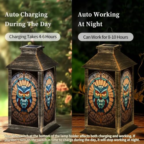 Solar Lantern Stained Glass Owl Wall Art Mid Outdoor Waterproof Garden Hanging Lantern Solar Powered Lighting Outside Solar Light for Patio Yard Camping, Gifts for Women Mom - Image 4