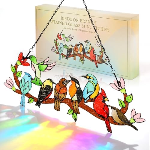 Huray Rayho Stained Glass Window Hanging Birds On Branch Sun Catcher Decor by HurayRayho