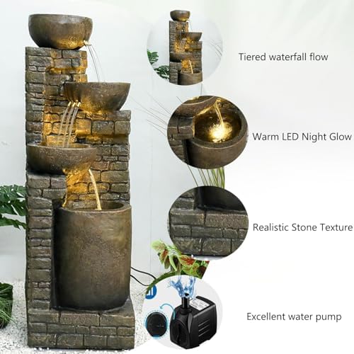 Hamiedun 38.2 ''H Water Fountain Outdoor Cascading Bowls and Stacked Stones with Led Lights Waterfalls Fountain for Outside Gardens, Landscaping, Balconies, Floor Patio,Backyard and Home Art Decor - Image 5
