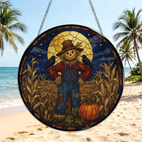 Night Scarecrow Crows Stained Glass Suncatcher 9.8" Colorful Window Hanging Ornament, Retro Sun Catcher Decor with Chain for Home Wall Garden Birthday Christmas Mothers Day - Image 3