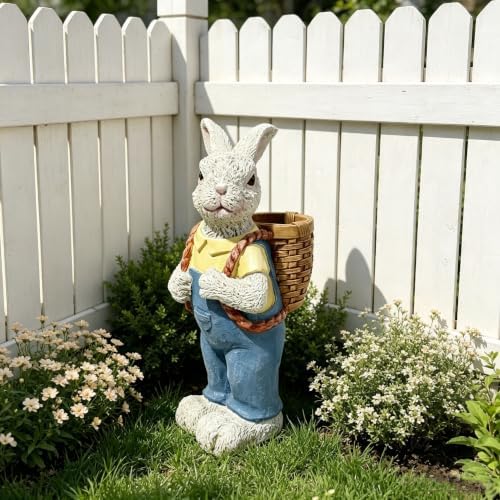 17" Couple Rabbit Statue Flower Pot Resin Garden Outdoor, Blue - Image 7