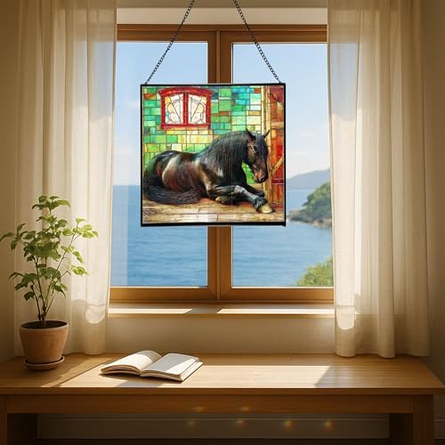 Black Shire Horse Resting Under Stable Eaves Square Suncatcher – Stained Glass Style Window Panel with Pastoral Scene, Custom Decorative Hanging Art for Equestrian Home, Christmas Ao6ker - Image 6