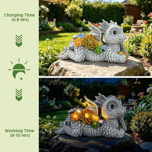 Solar Dragon Garden Statue, Dragon Statue Outdoor with Glowing Succulent - Image 3