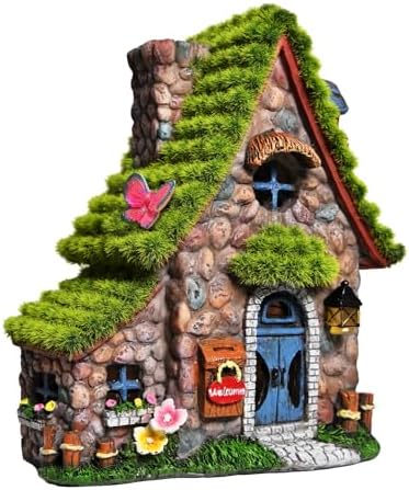 ASAWASA Resin Fairy House Statues with Solar Powered Lights, Funny Garden Sculptures with Flocked and Cobblestone Decor, Exquisite Garden Cottage Figurines by asawasa