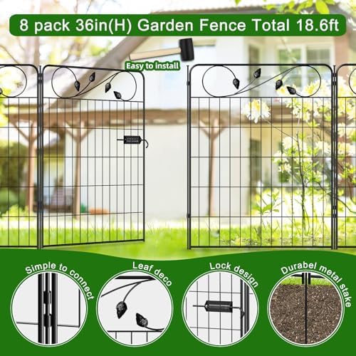 Metal Garden Fence with Gate 36in(H) X18.6ft(L) 1Gate+7Panels Border Fences - Image 4