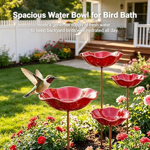Handmade Metal Flower Garden Stake Bird Bath Bowl, Pink-3abc - Image 5