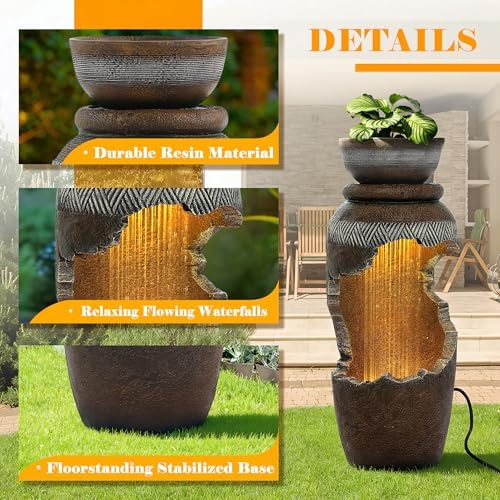 Outdoor Water Feature with Planter, Tiered Cracked Urn Water Fountain with Waterfalls, Garden Fountain with LED Lights for Patio, Yard, Porch and Home Décor, Terracotta Brown - Image 4