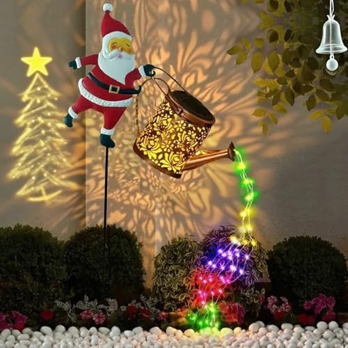 Christmas Solar Kettle Lights Garden Lawn Decorative Lights, Waterproof Hanging Christmas Santa Solar Kettle Light, Watering Can with Cascading Lamp, Stake for Garden Decor (B Rainbow, 1 Pc) by Unknown