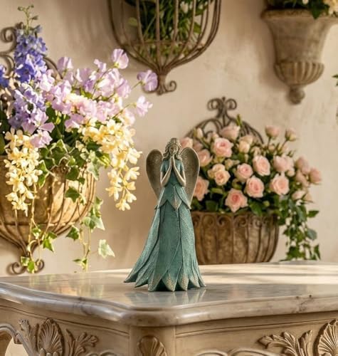 Napco Praying Angel Faith Plant Leaf 11 x 6 x 6.5 inches Blue and Bronze Resin Stone Collectible Figurine Statue Sculpture, Indoor Outdoor Garden Décor - Image 2