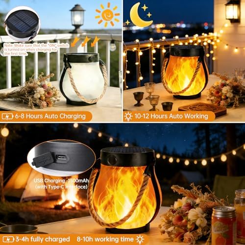 2 Pack Solar Lanterns Outdoor Waterproof, Flickering Flame Hanging Lanterns - Image 3
