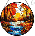 Sunset Suncatcher Stained Glass Window Hanging Decor - Tree River Sun Catchers Indoor Home Outdoor Garden Decorations - Handmade Wall Art Ornaments Panels - Birthday Gifts for Women Men Mom Grandma by Tufeu