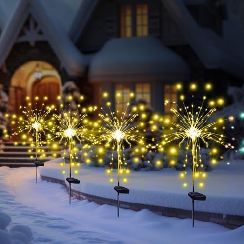 Solar Garden Firework Lights, 4 Pack, Waterproof, 120 LED, Outdoor, Warm White, Pathway, Patio, Party Decorations by SolarEra-FREETOSHINE