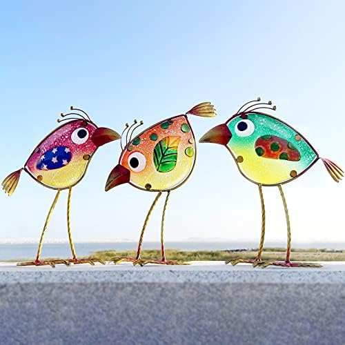 Bird Garden Decor Set of 3 Metal Glass Colorful Gift Outdoor Patio Yard Art by LEGIFOGardenDecor