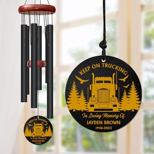 Personalized Trucker Memorial Wind Chime – “Keep On Trucking” Custom Name & Years – Outdoor Sympathy Gift for Truck Driver Families – Memorial Windchimes for Loss of Loved One – Remembrance Décor by AlpadilCo