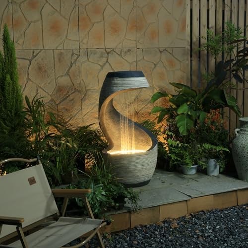 37" S-Shaped Outdoor Water Fountain with LED Lights, Modern Resin Cascading Waterfall Feature for Garden, Patio, Backyard or Porch, Large Decorative Zen Water Feature – 21" L x 21" W x 37.9" H - Image 3
