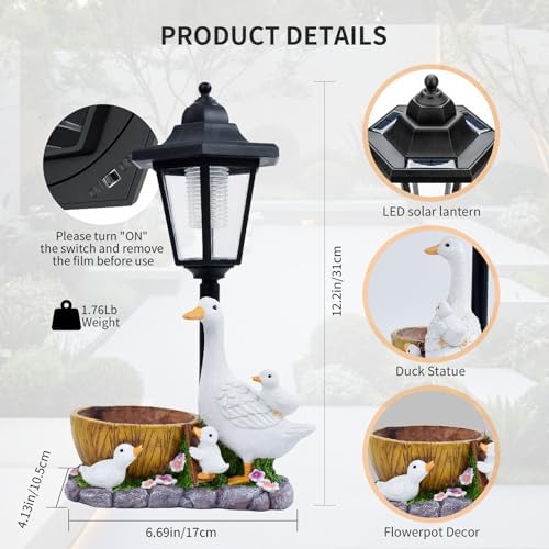 Solar Duck Garden Statues Outdoor Decor with Planter Pot, Upgraded 3 Solar Panels Lantern Animal Figurines, Waterproof Hand-Painted Resin Sculpture for Patio Yard Lawn Decorations, Gardening Gifts - Image 2