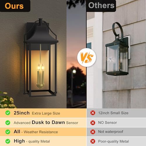 25IN Dusk to Dawn Outdoor Light, 3-E12 Base Wall Sconce for Porch - Image 3