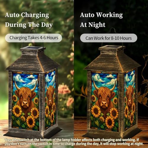 Solar Lantern Highland Cow Sunflowers Stained Glass Style Outdoor Waterproof Hanging Solar Light Outside Lights for Patio Yard House Lawn Decor Birthday Gifts for Women Mom - Image 4