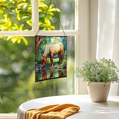 Palomino Rocky Mountain Horse grazing beside shallow stream Square Suncatcher –Stained Glass Style Window Panel with Pastoral Scene, Custom Decorative Hanging Art for Equestrian Home, Christmas cmdrvG - Image 3
